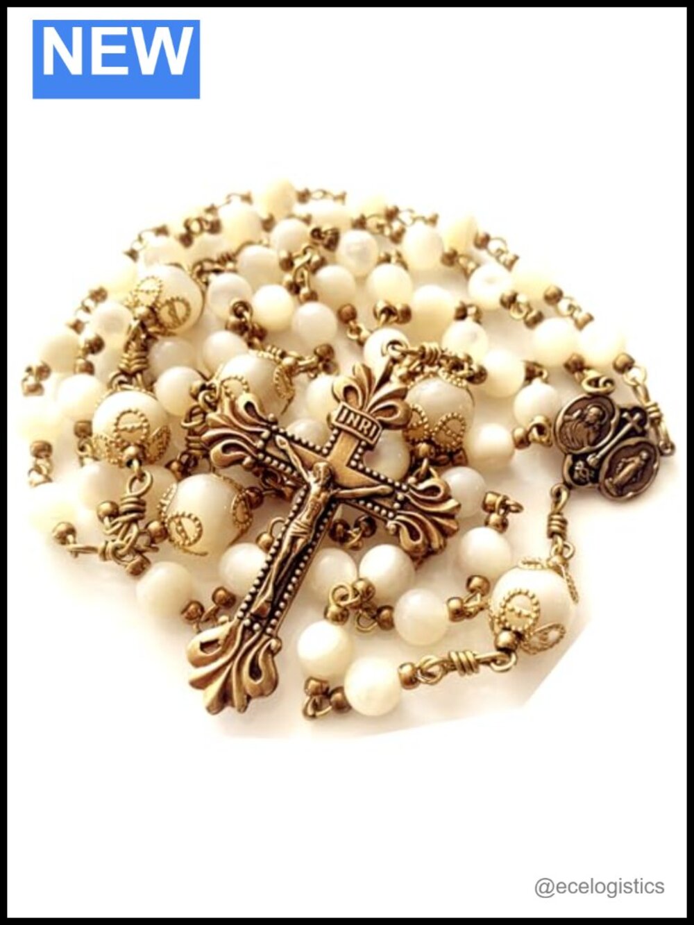 Handmade Copper Catholic Rosary Moonlight Mother of Pearl Beads Necklace